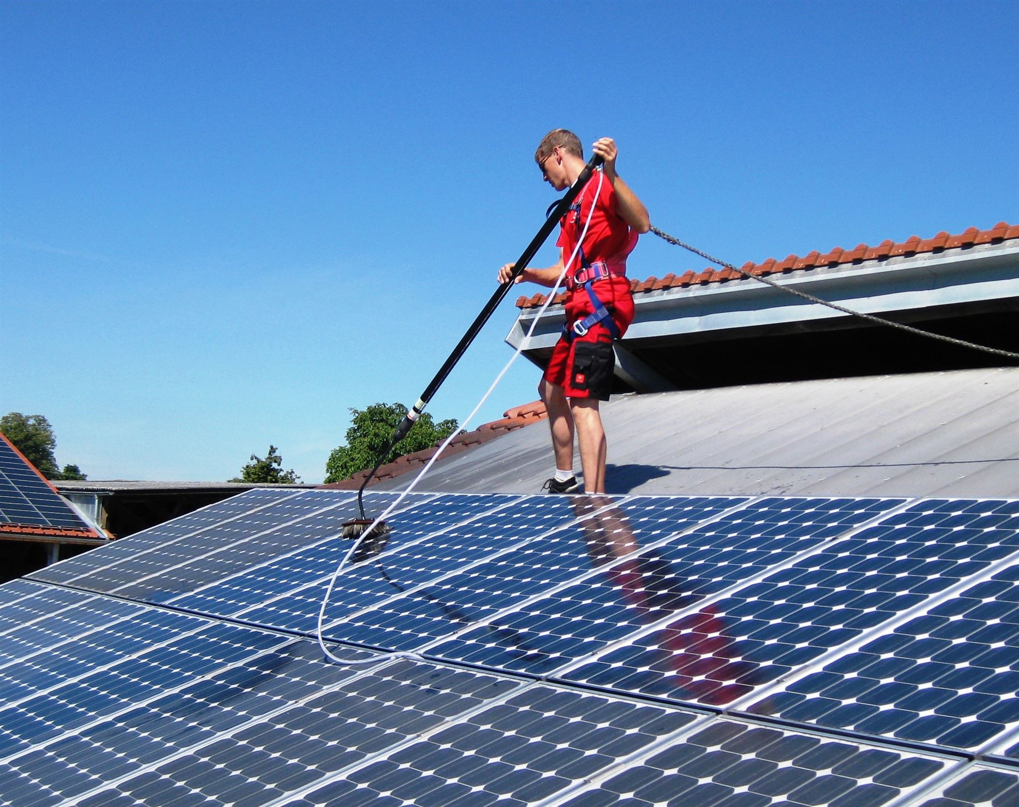 Nettoyage manuel de panneaux photovoltaïques avec une brosse douce et de l'eau